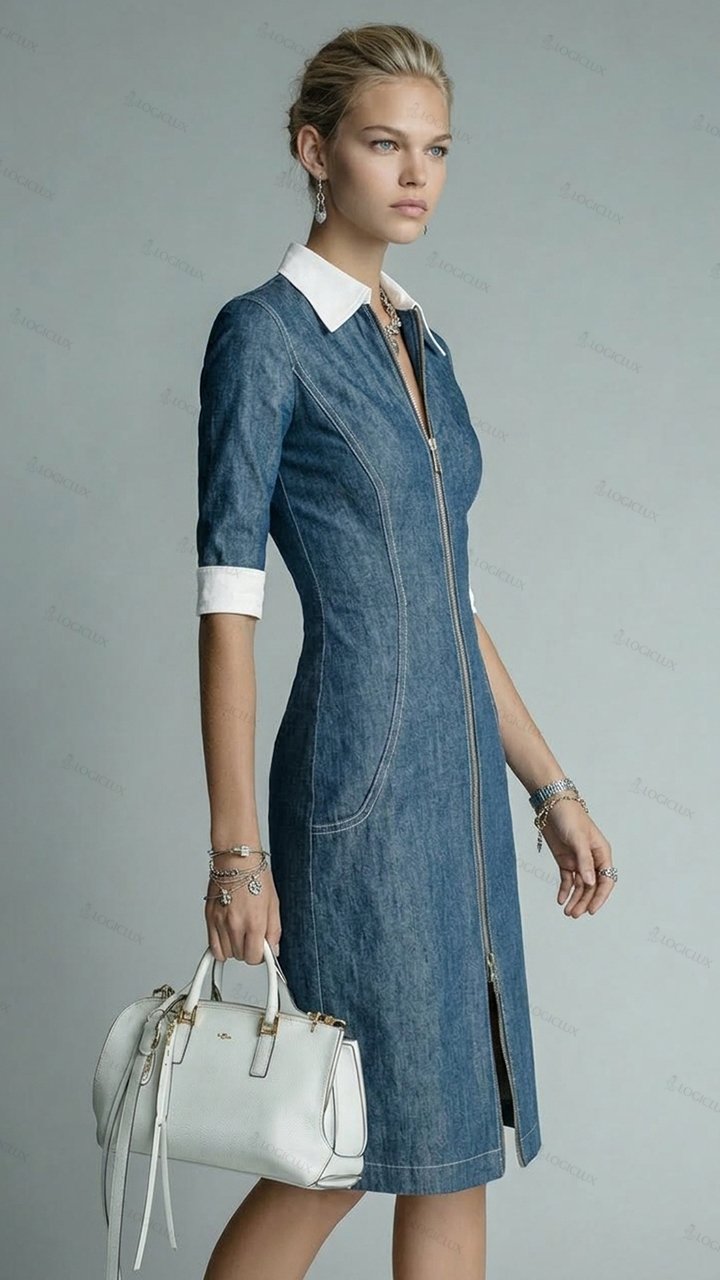 Women's Contrast Collar Zipper-front Denim Knee-length Dress