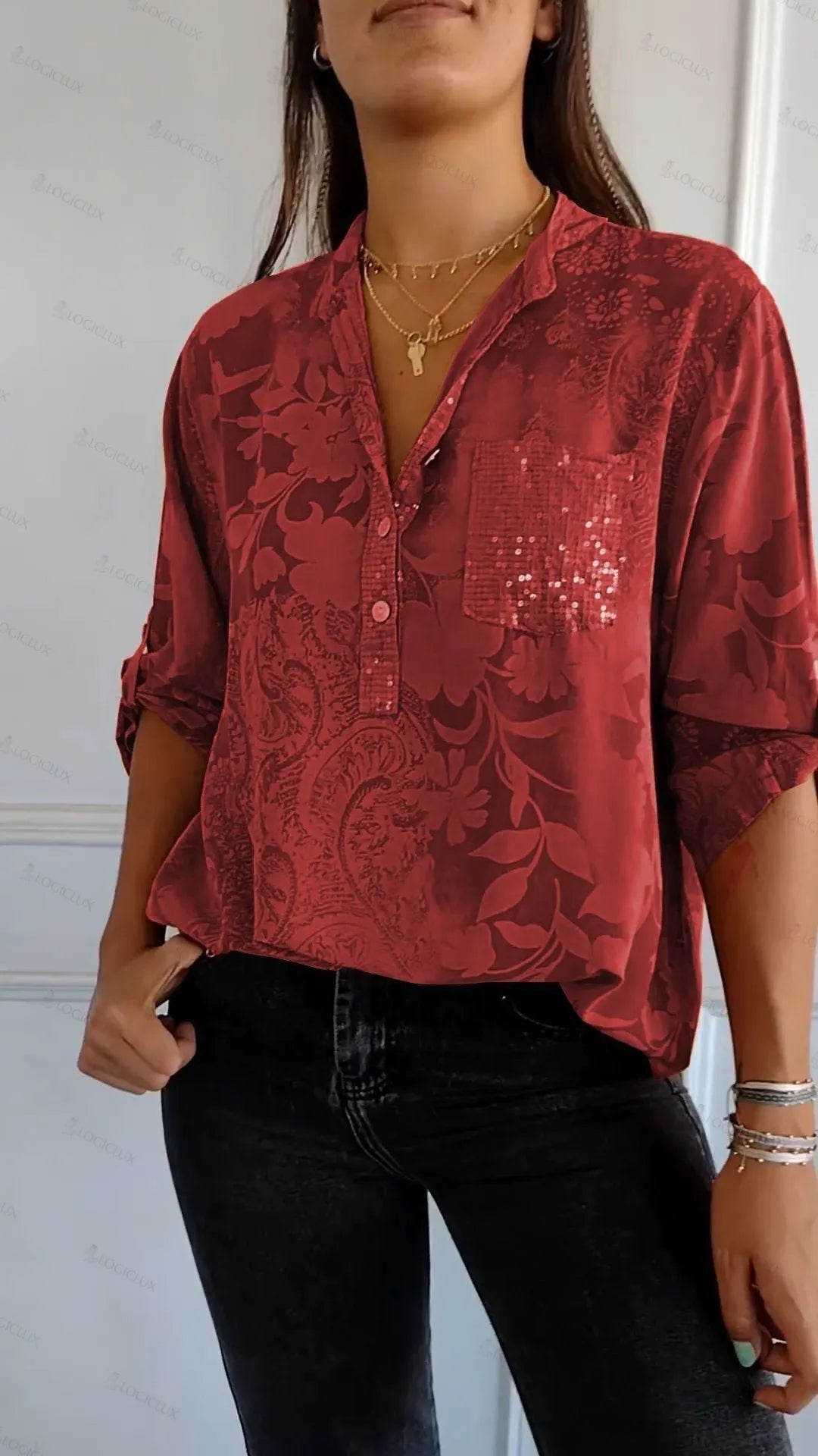 V-neck Half-button Printed Top(buy more save more)