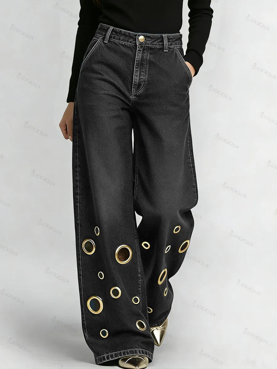 Women's High-waisted Hollow-out Design Casual Loose Wide-leg Jeans