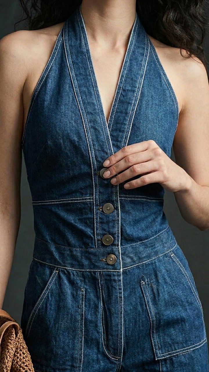 Women's neck-attached denim button-up wide-leg jumpsuit