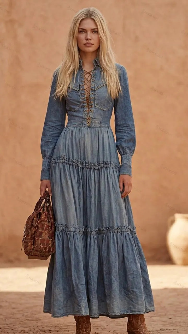 Women's Lace-up Cinched-waist Tiered Denim Maxi Dress