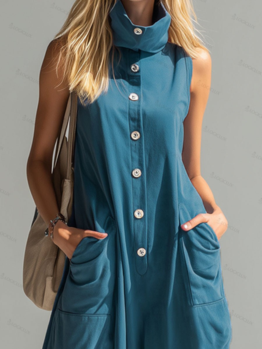 Loose-fitting High-neck Button-front Double-pocket Sleeveless Maxi Dress