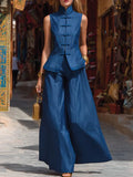Stylish Chinese-style Stand-up Collar Knotted Button Sleeveless Top And Wide-leg Pants Set