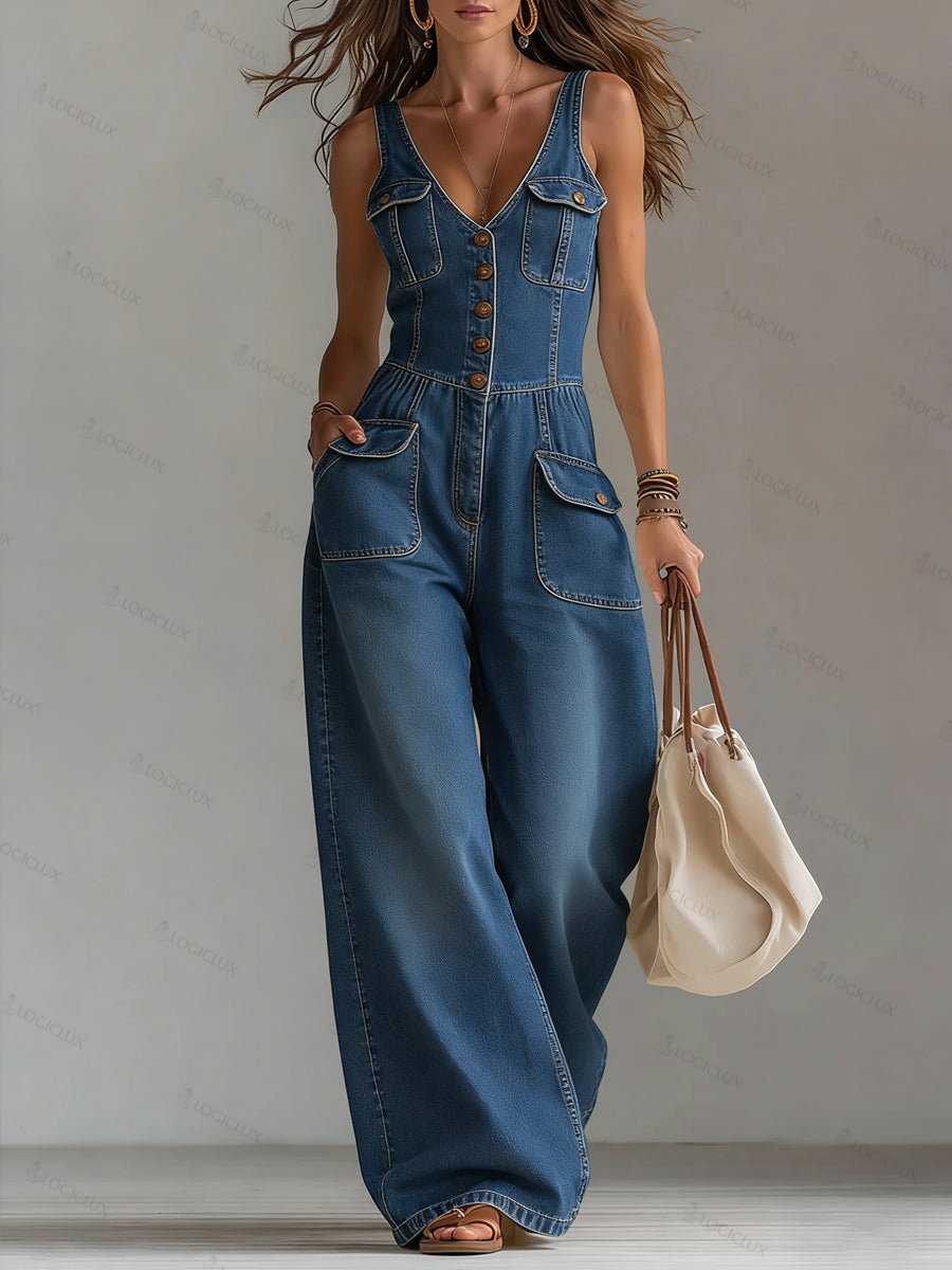 Women's Casual Denim Jumpsuit With Wide-leg Pants