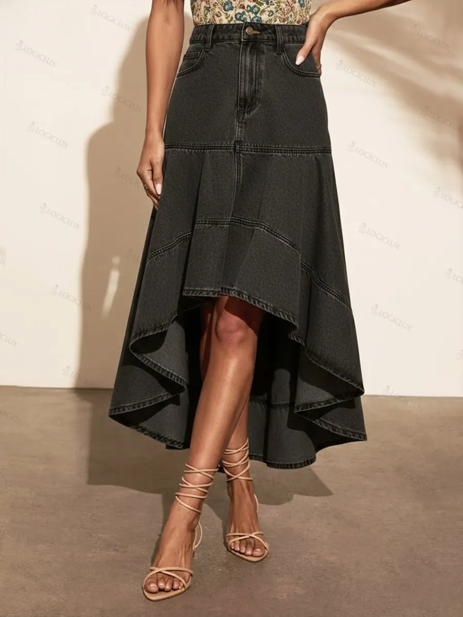Women's Casual Denim Skirt With A Shorter Front And Longer Back.
