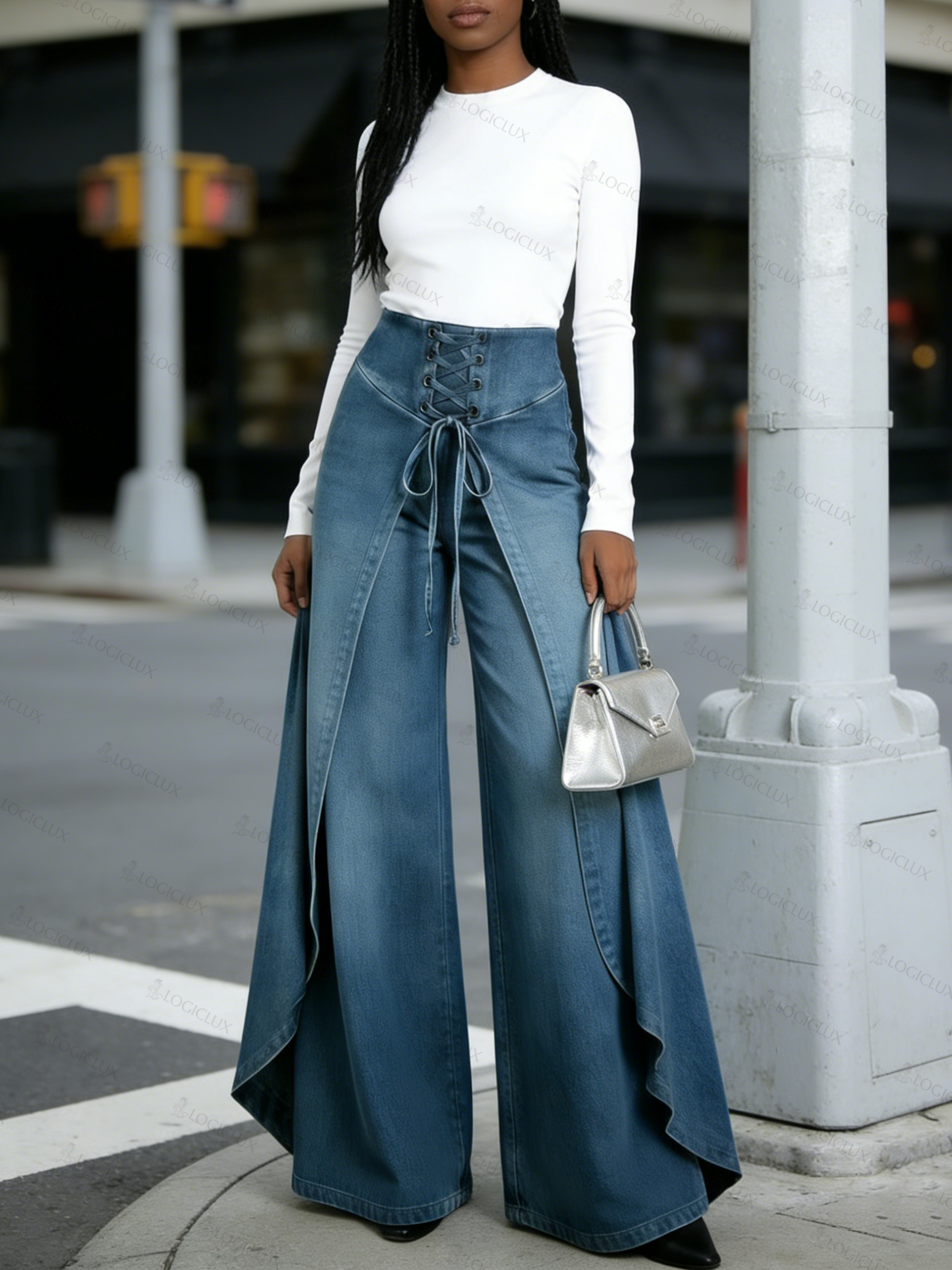 Retro High-waisted Ruffled Hem Tie-waist Loose-fitting Denim Jeans