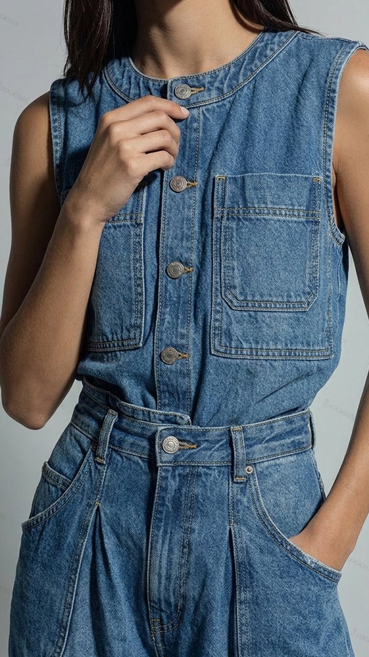 Women's Sleeveless Denim Vest with High-waist Wide-leg Denim Pants Set