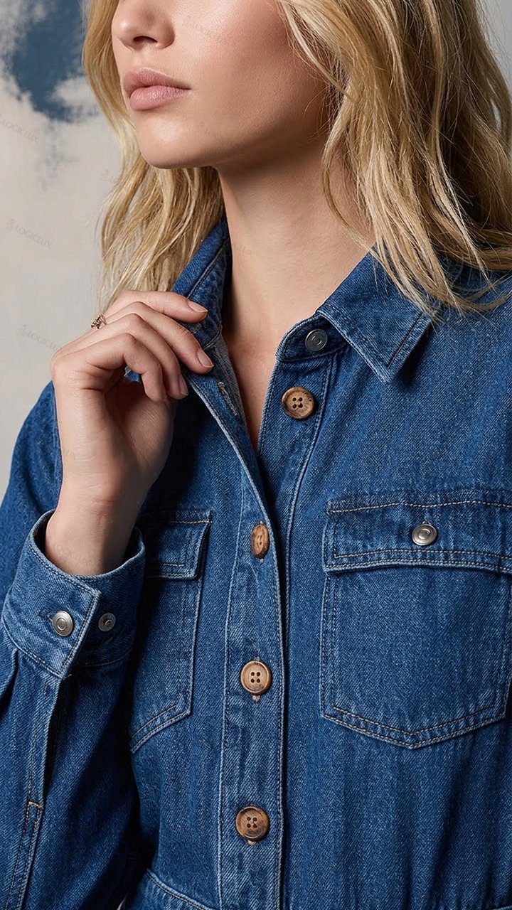 Women's Turn-down Collar Cinched-waist Denim Wide-leg Jumpsuit