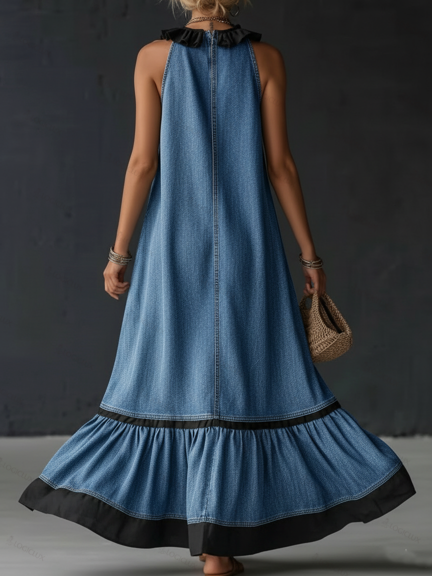 Elegant Color-block Ruffle Trim Denim Dress