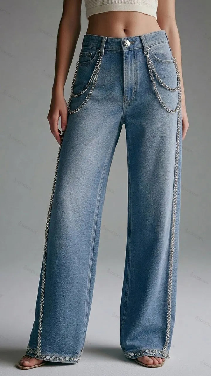 Womens High Waist Wide Leg Chain Decorated Jeans