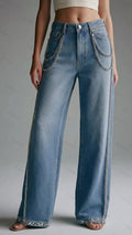 Womens High Waist Wide Leg Chain Decorated Jeans