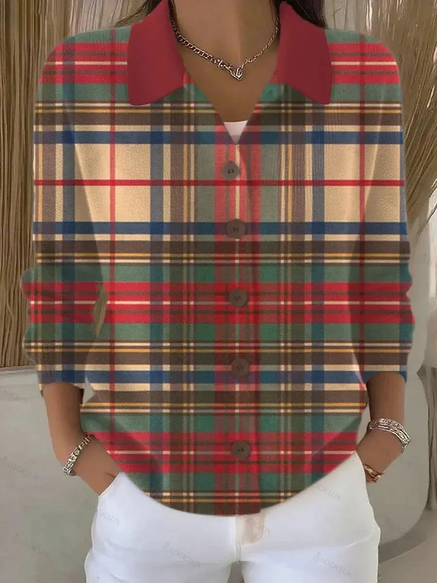 Women's Vintage Plaid Art Print Casual Sweater