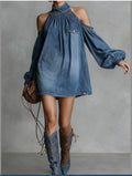 Womenâs Denim Halter Neck Cold Shoulder Loose Mini Dress