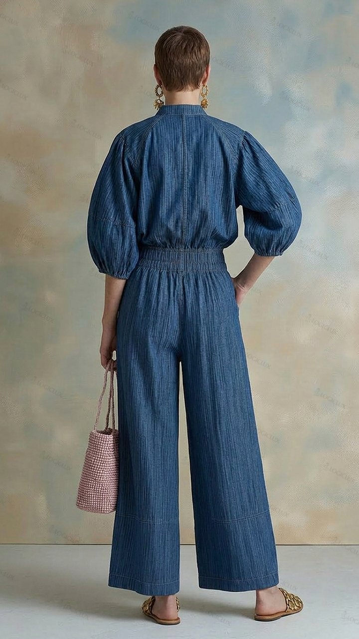 Women's Stand-up Collar Zipper Denim Jumpsuit