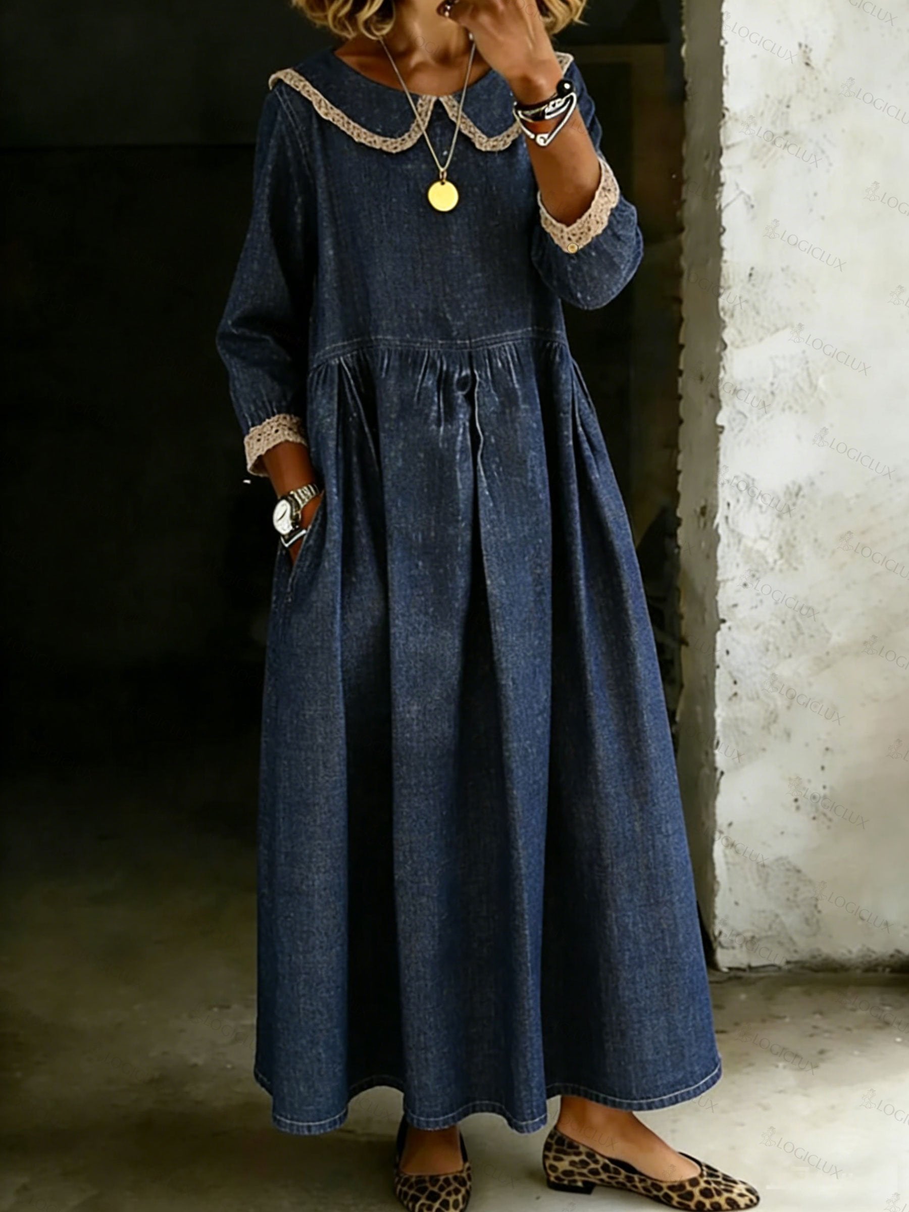 Women's Lace Peter Pan Collar Long-sleeved Casual Loose Denim Dress