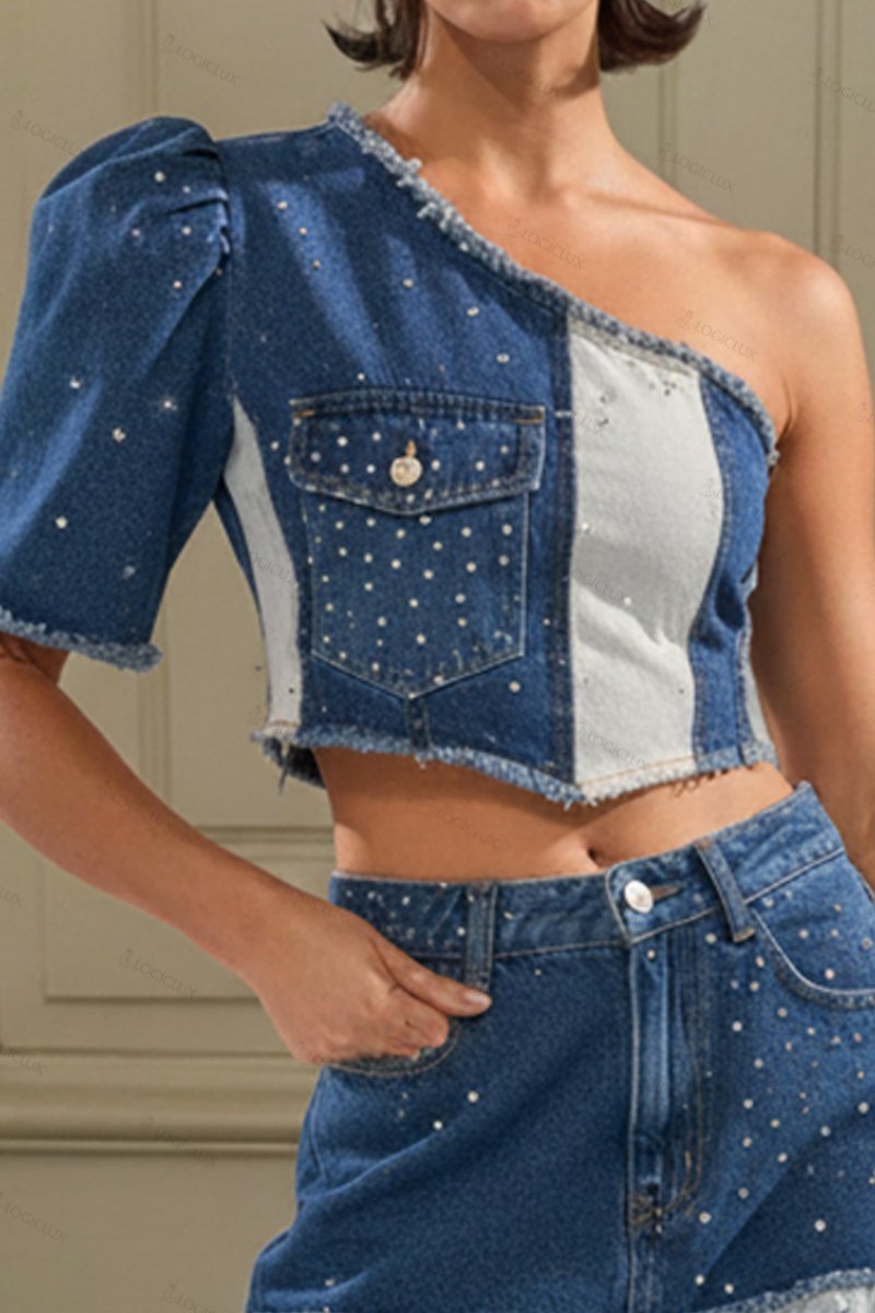 Women's Casual Spliced Denim Top With Rhinestone Accents & Paneled Wide Leg Jeans