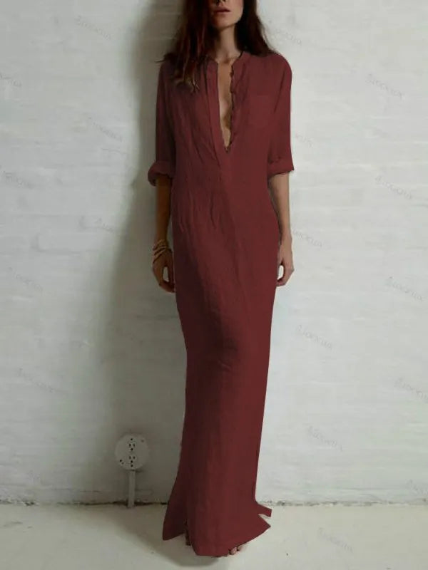 Linen Blend Breathable Side Split Maxi Shirt Dress