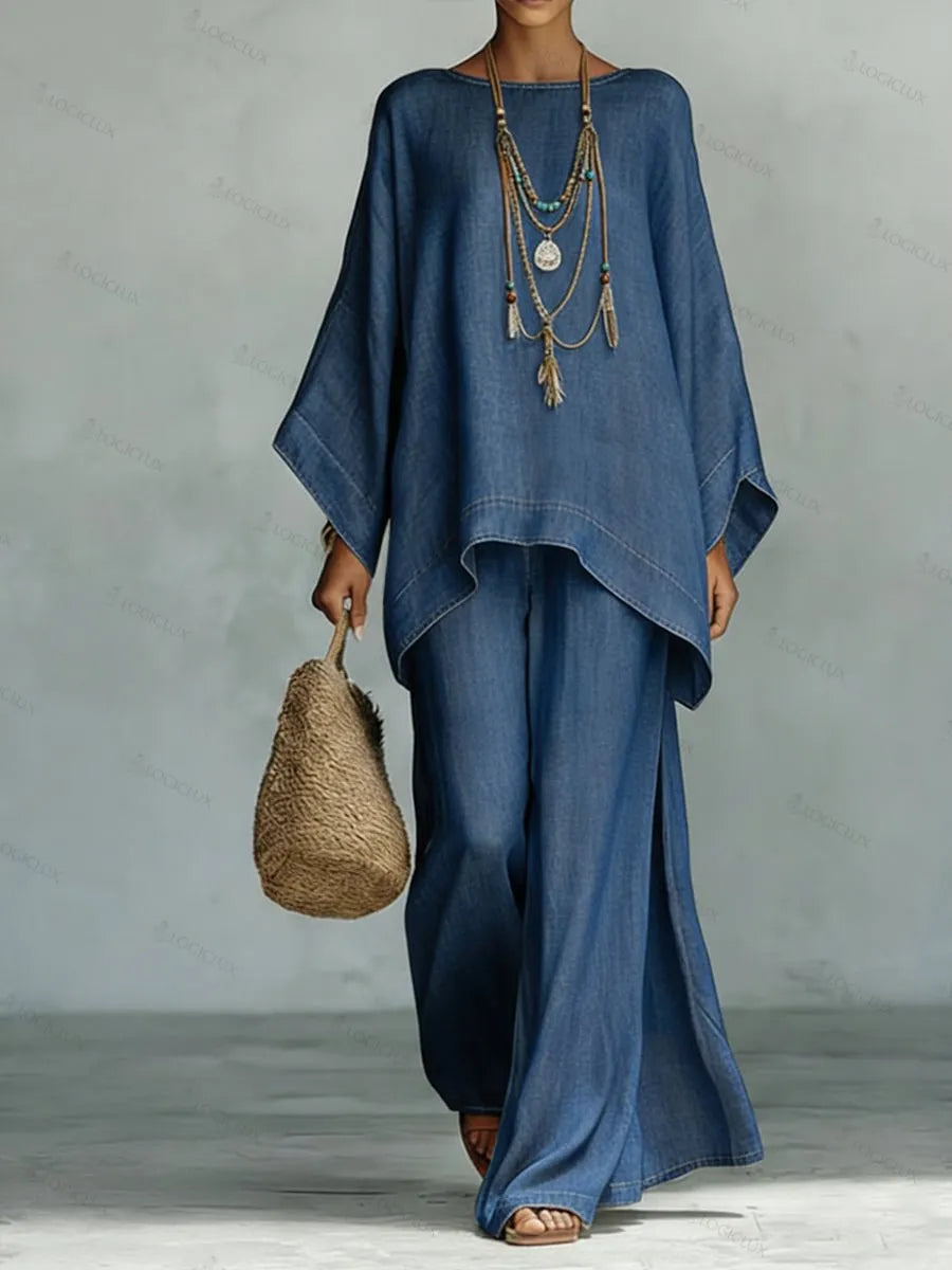 Cozy And Casual Tencel Denim Top And Wide-leg Pants Two-piece Set