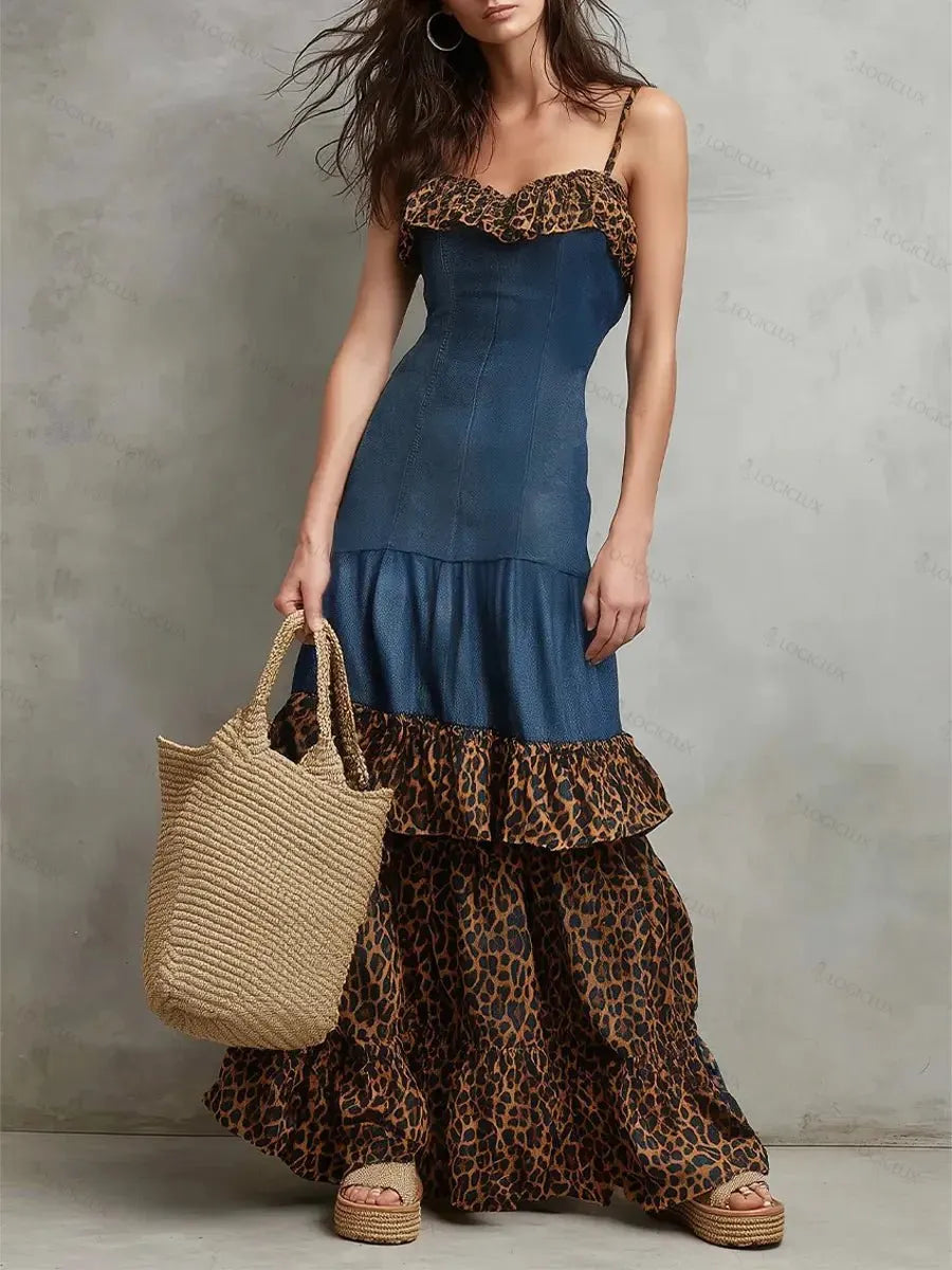 Women's Retro Leopard Art Casual Stylish Denim Patchwork Maxi Dress