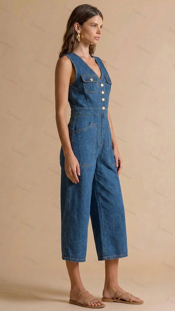 Womens Sleeveless V-neck Double-pocket Single-breasted Denim Wide Leg Jumpsuit