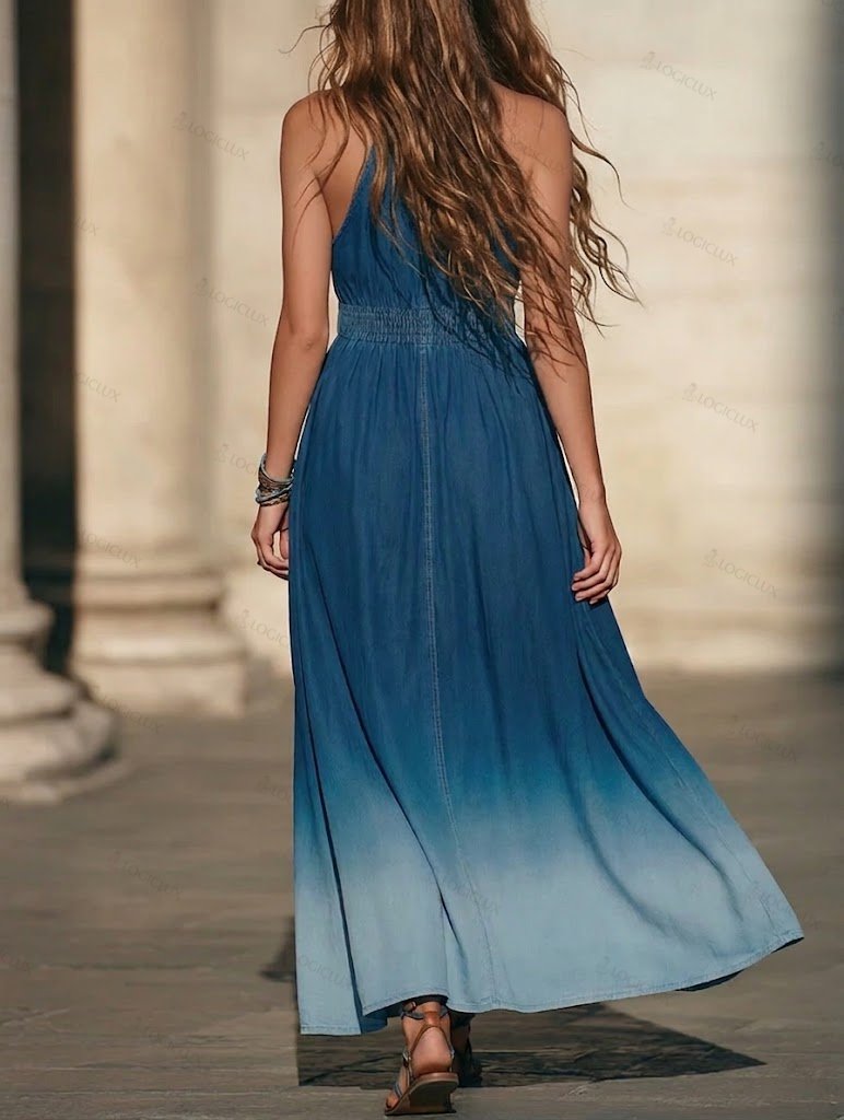 Casual Vacation-style OmbrÃ© Sleeveless Maxi Denim Dress
