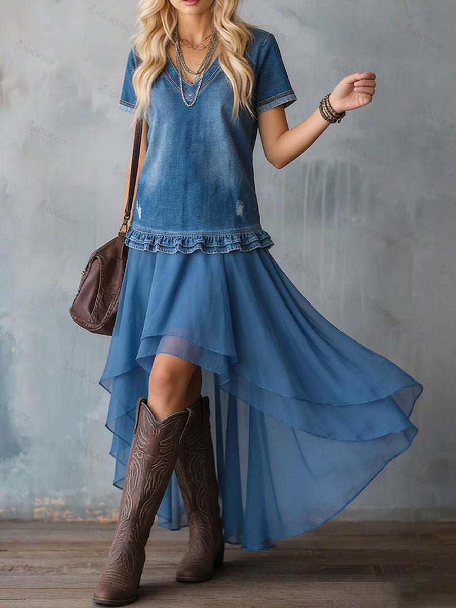 Stylish Boho Loose-fit Denim Maxi Dress With Organza Hem