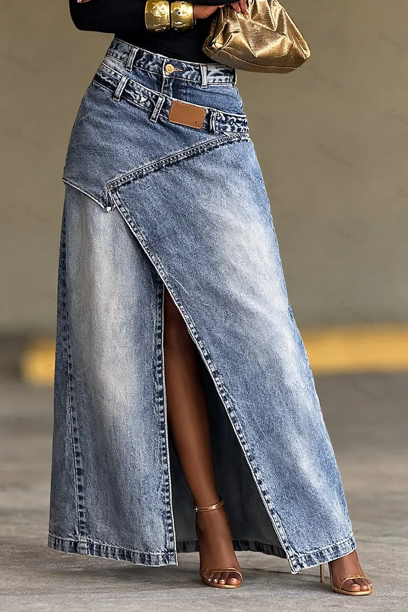 Women's Two-Piece Denim Maxi Skirt With Slit And Side Placket