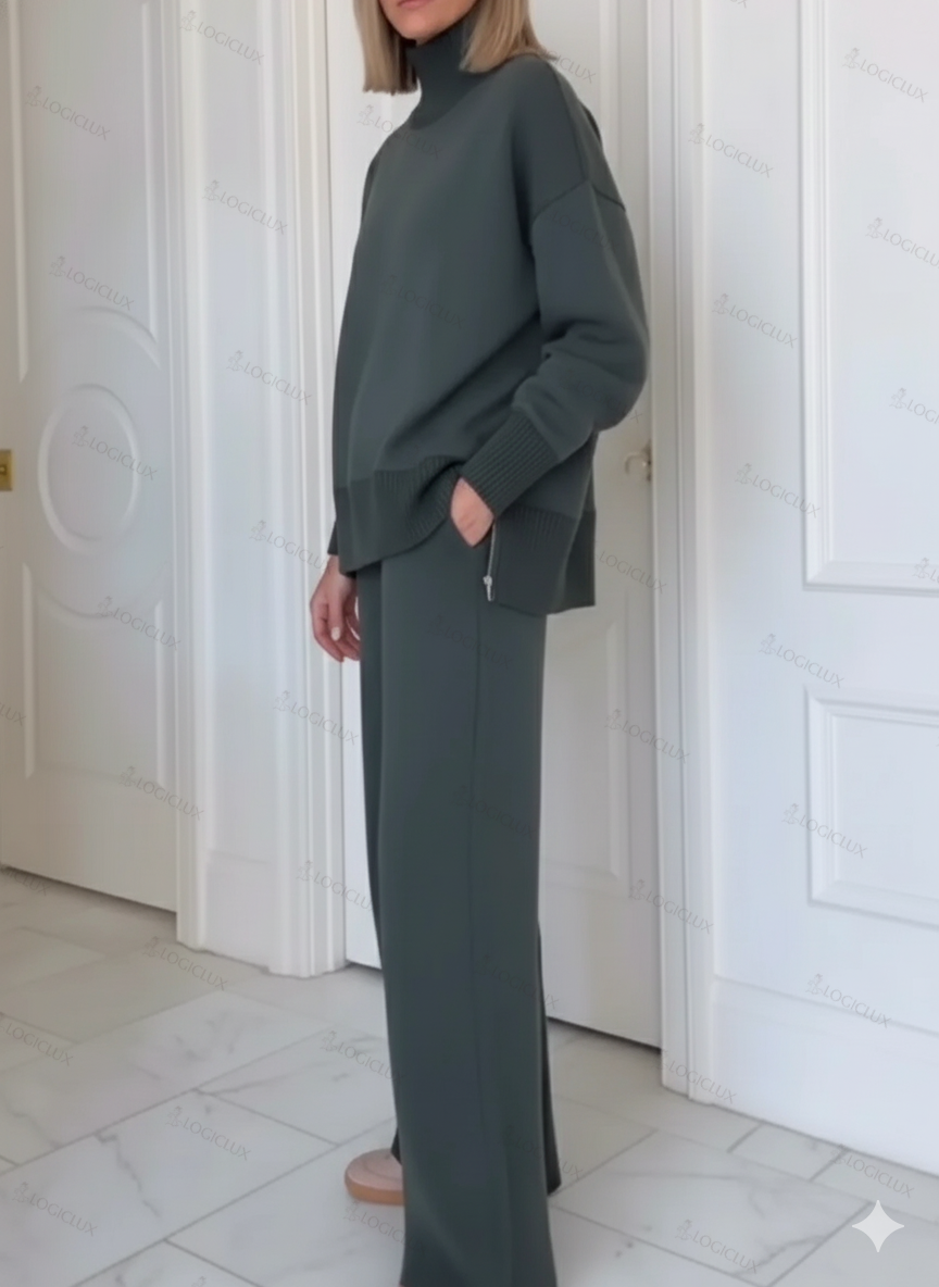 Casual Travel Stand Collar Side Zipper Top Straight Pants Two-Piece Set