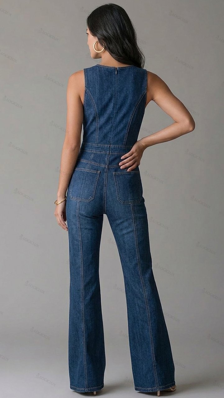 Womens Sleeveless V-neck High Waist Flared Denim Jumpsuit