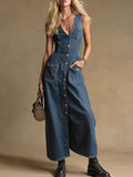 Vintage-style V-neck Single-breasted Sleeveless Denim Midi Dress