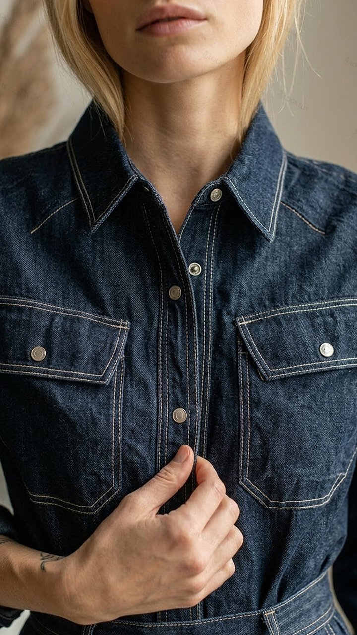 Women's Turn-down Collar Cinched-waist Denim Maxi Shirt Dress with Pockets