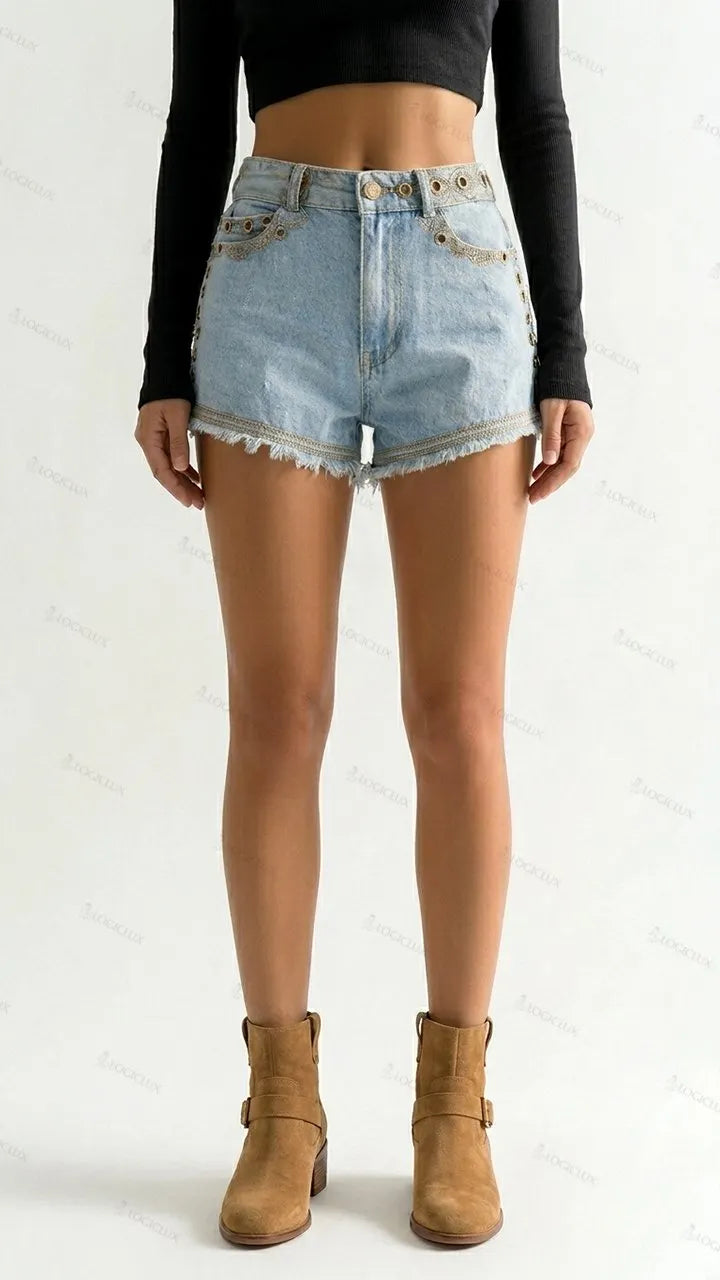 Womens Studded High Waisted Frayed Denim Shorts