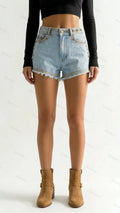 Womens Studded High Waisted Frayed Denim Shorts
