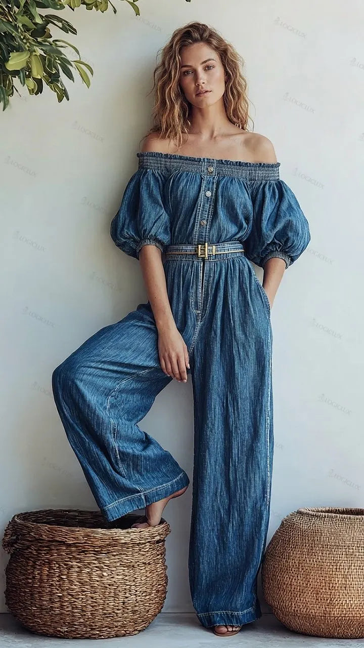 Women's Off-shoulder Puff-sleeve Denim Wide-leg Jumpsuit