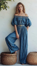 Women's Off-shoulder Puff-sleeve Denim Wide-leg Jumpsuit