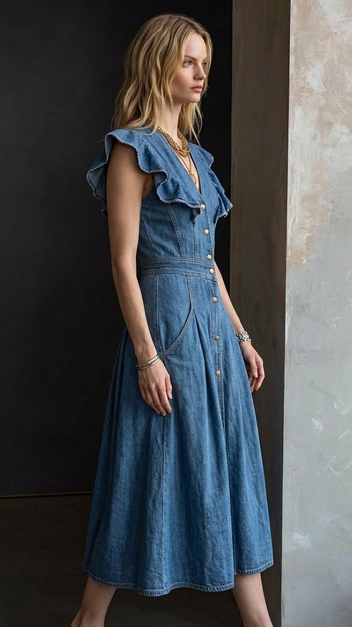Women's V-neck Ruffle Sleeve Single-breasted Denim Midi Dress with Pockets