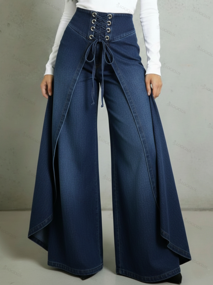 Retro High-waisted Ruffled Hem Tie-waist Loose-fitting Denim Jeans