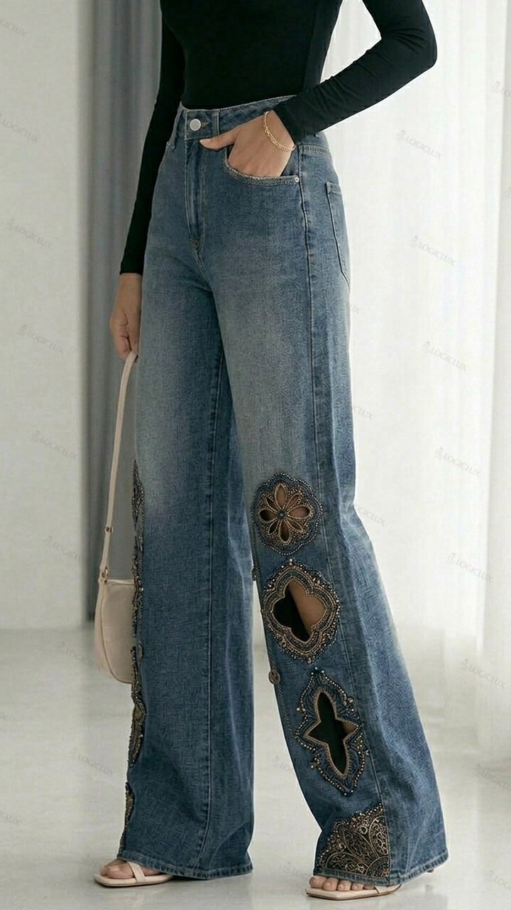Womens High Waist Heavily Embroidered Ripped Wide Leg Jeans