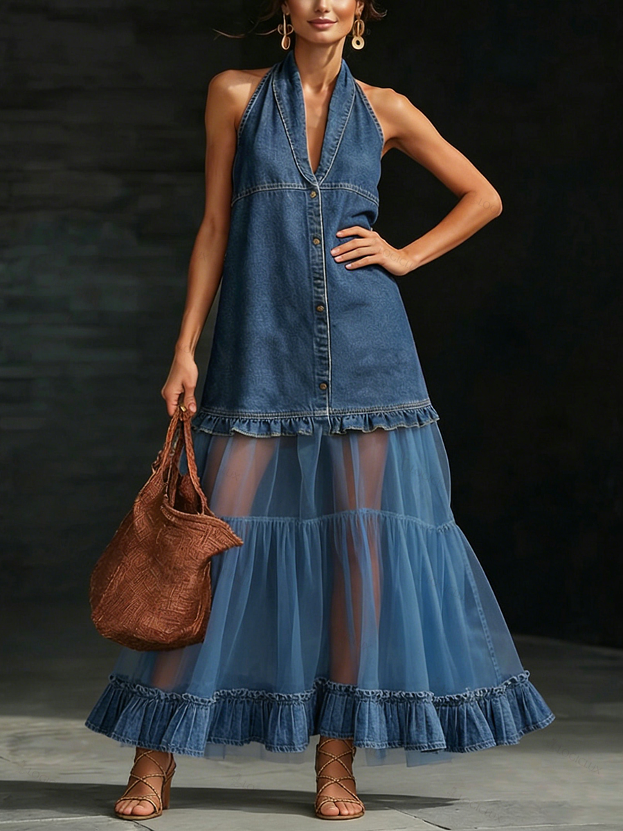 Stylish Elegant Organza-Paneled Denim Maxi Dress