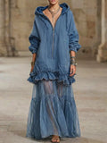 Women's Retro Hooded Zip Ruffled Denim Organza Patchwork Art Casual Maxi Dress