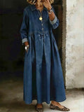 Women's Long-sleeved Collared Button-front Pockets Denim Dress