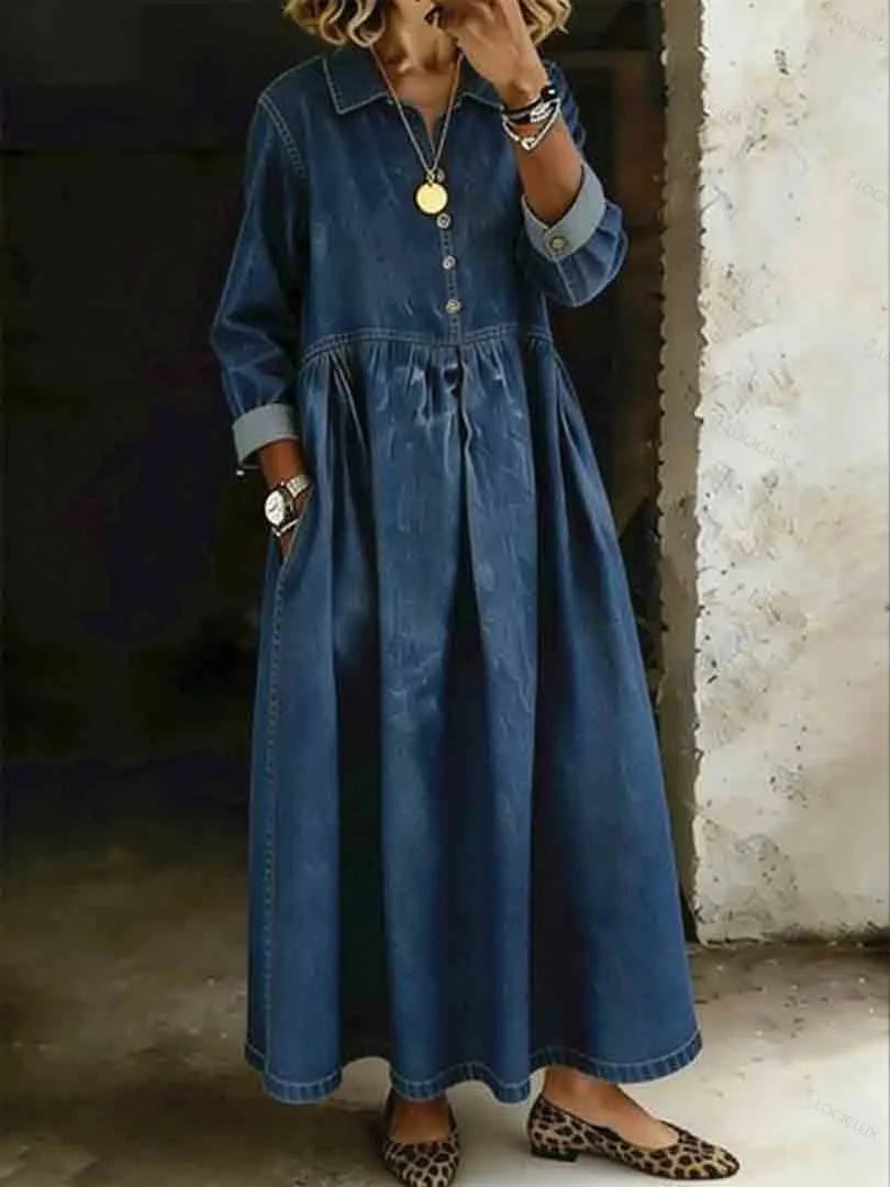 Women's Long-sleeved Collared Button-front Pockets Denim Dress