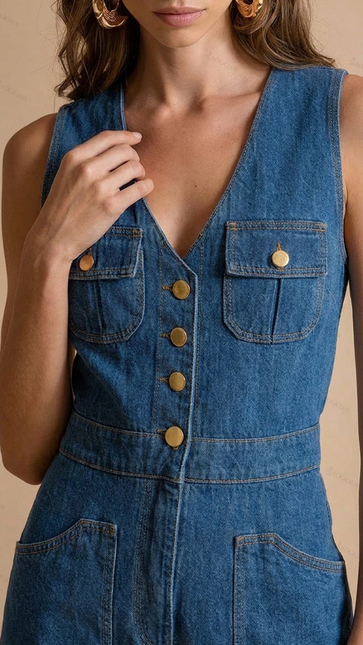 Womens Sleeveless V-neck Double-pocket Single-breasted Denim Wide Leg Jumpsuit
