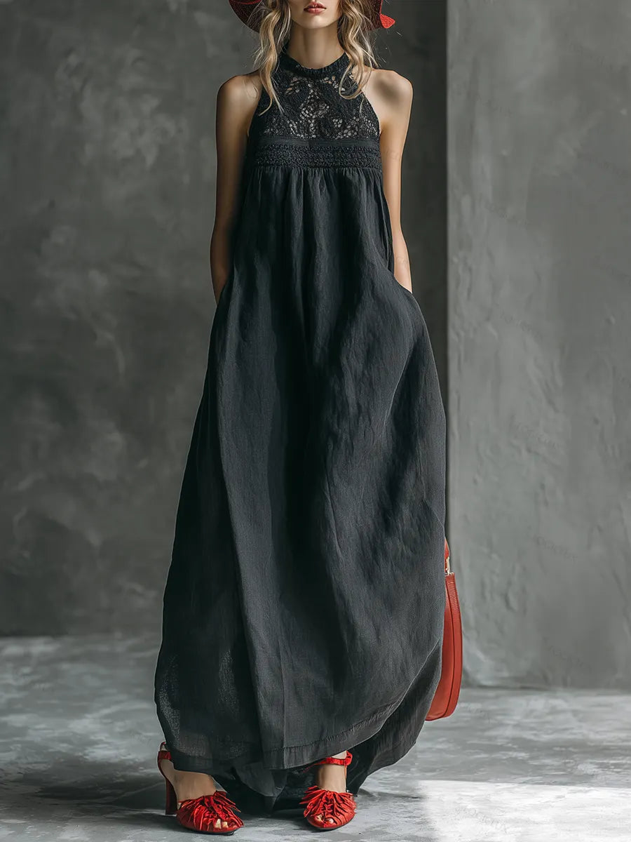 Stylish Western-style Dark Gray Lace Neckline Sleeveless Tencel Maxi Dress