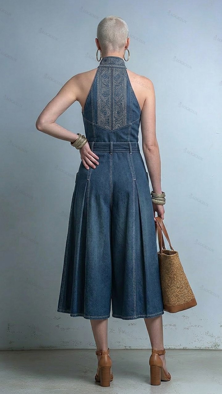 Women's Embroidered Halter Denim Jumpsuit