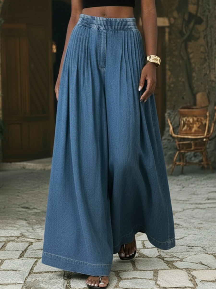 Retro Pleated Extra-wide Leg Denim Trousers