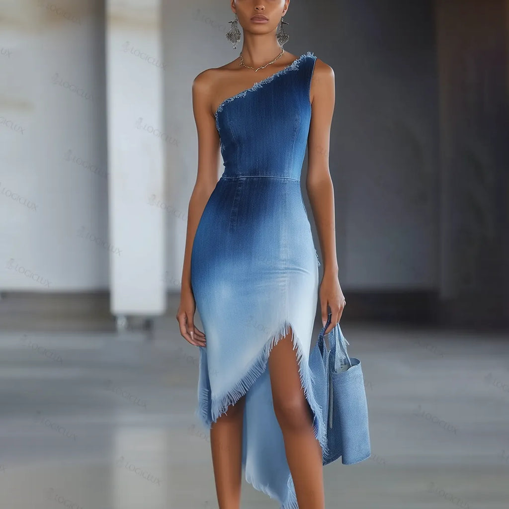 Shipping One Shoulder With Irregular Bottom Denim Midi Dress