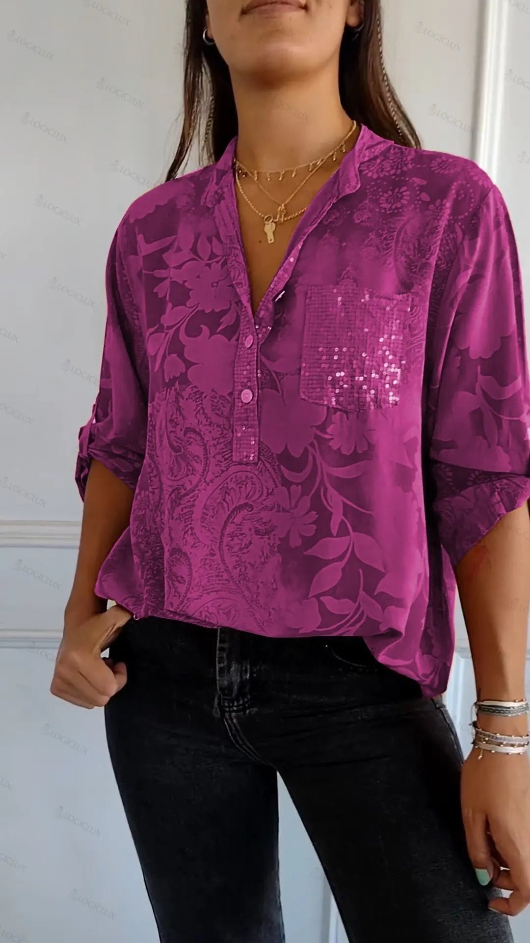V-neck Half-button Printed Top(buy more save more)