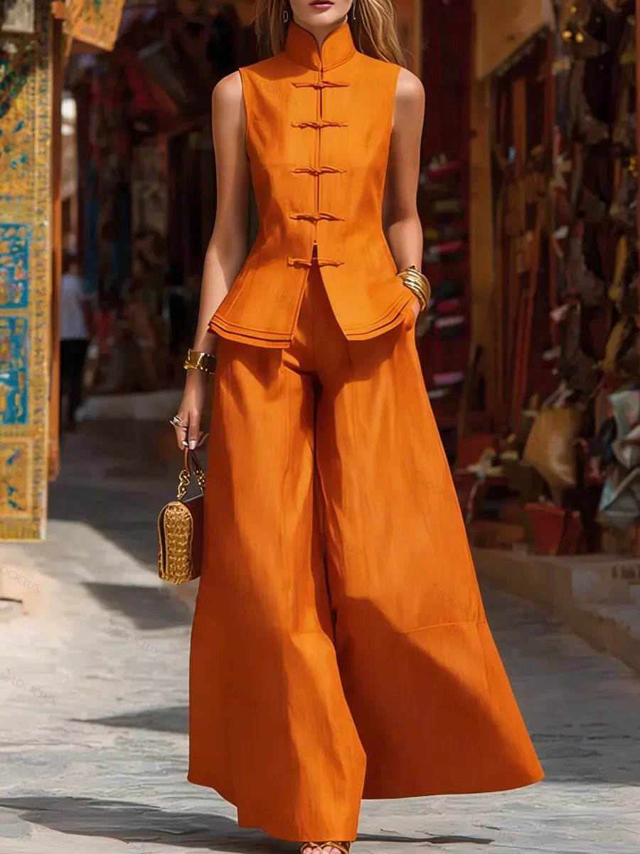 Stylish Chinese-style Stand-up Collar Knotted Button Sleeveless Top And Wide-leg Pants Set