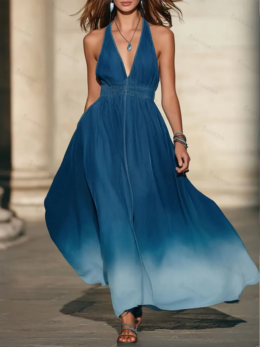 Casual Vacation-style OmbrÃ© Sleeveless Maxi Denim Dress